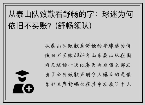 从泰山队致歉看舒畅的字：球迷为何依旧不买账？(舒畅领队)