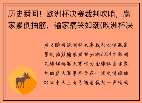 历史瞬间！欧洲杯决赛裁判吹哨，赢家累倒抽筋，输家痛哭如潮(欧洲杯决赛误判)