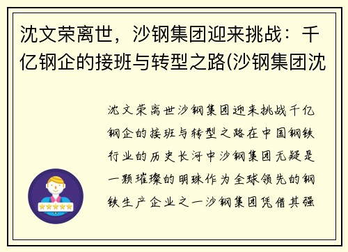 沈文荣离世，沙钢集团迎来挑战：千亿钢企的接班与转型之路(沙钢集团沈文兰)