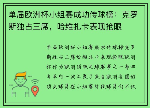 单届欧洲杯小组赛成功传球榜：克罗斯独占三席，哈维扎卡表现抢眼