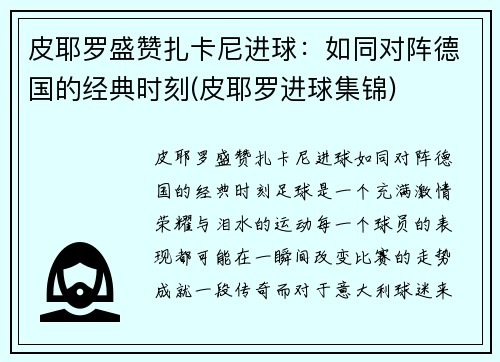 皮耶罗盛赞扎卡尼进球：如同对阵德国的经典时刻(皮耶罗进球集锦)