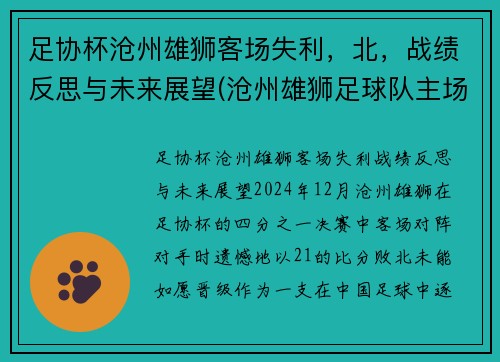 足协杯沧州雄狮客场失利，北，战绩反思与未来展望(沧州雄狮足球队主场)