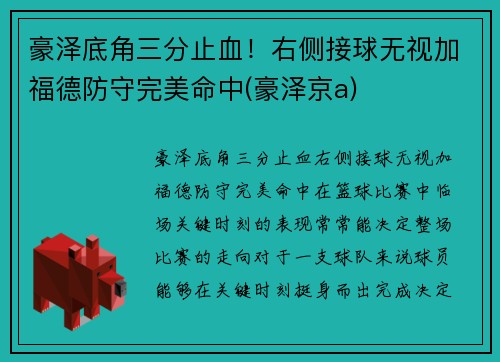 豪泽底角三分止血！右侧接球无视加福德防守完美命中(豪泽京a)