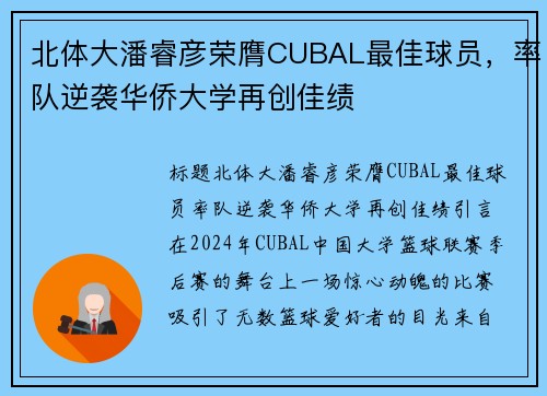 北体大潘睿彦荣膺CUBAL最佳球员，率队逆袭华侨大学再创佳绩